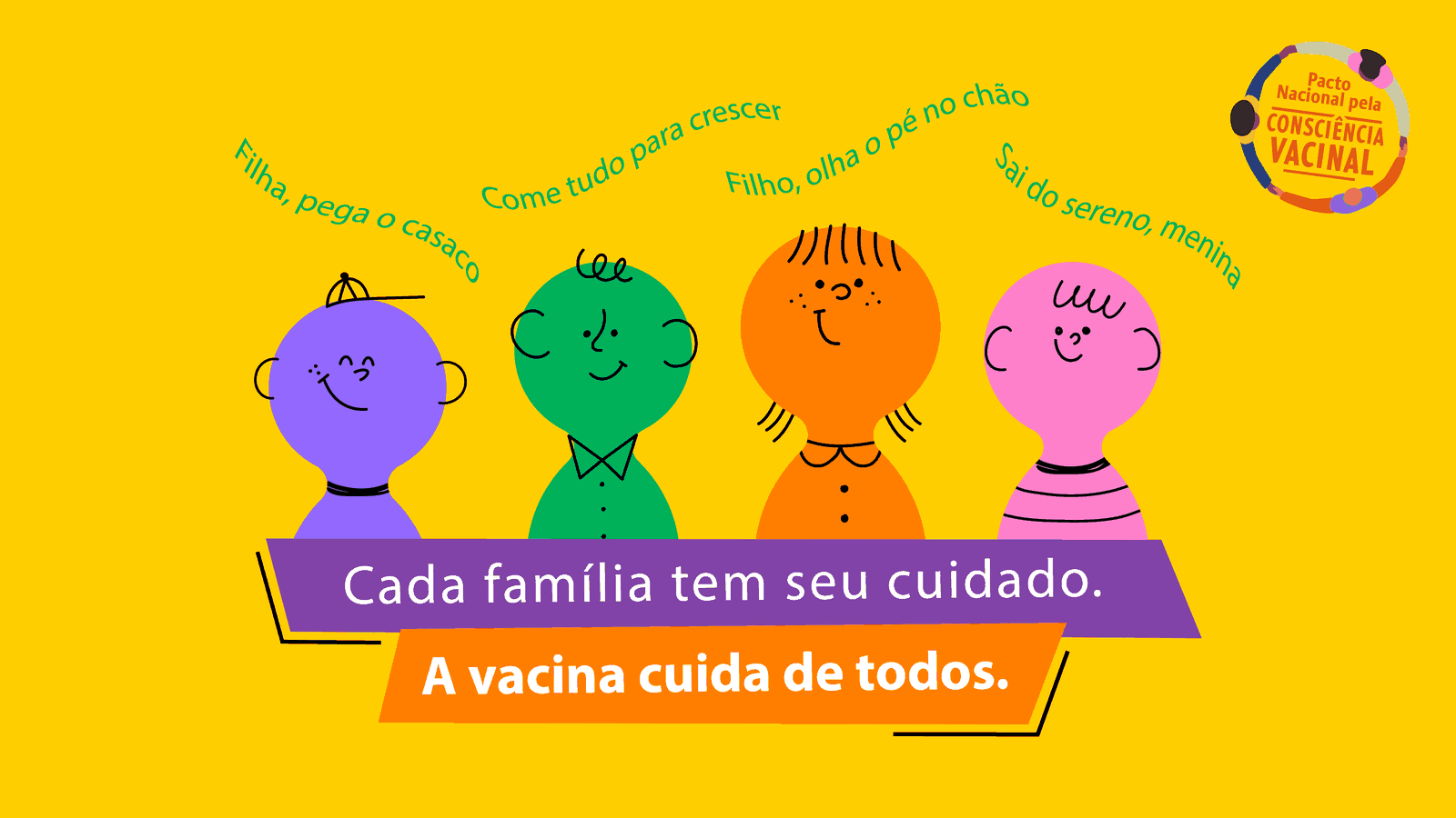 Peça da campanha Consciência Vacinal: quatro personagens ilustrados em roxo, verde, laranja e rosa sobre fundo amarelo, com a frase Cada família tem seu cuidado, a vacina cuida de todos.