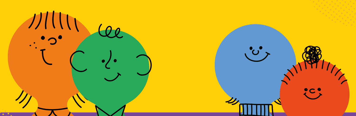 Personagens ilustrados da campanha Consciência Vacinal, em laranja, verde, azul e vermelho, sobre fundo amarelo.