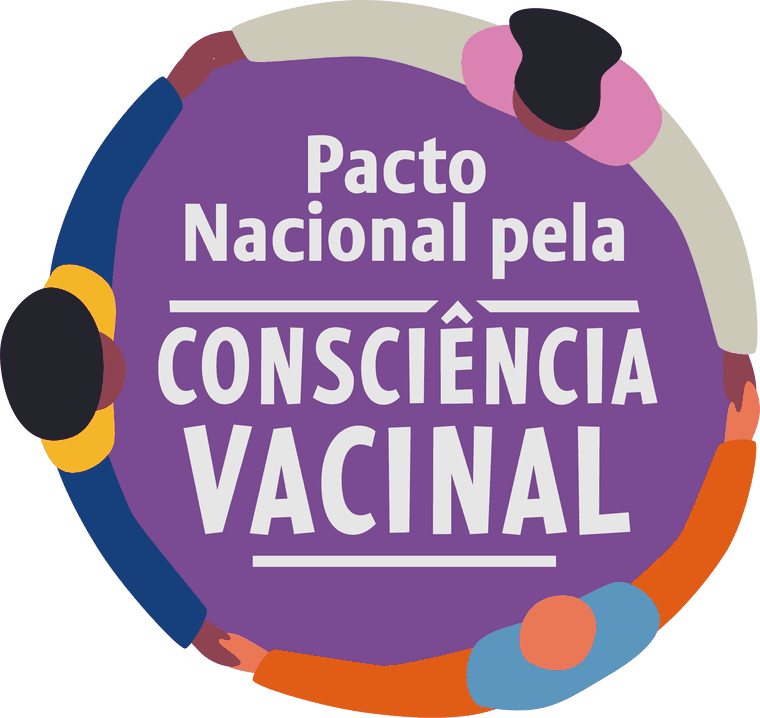 Selo do Pacto Nacional pela Consciência Vacinal: círculo roxo com figuras de braços dados em volta.